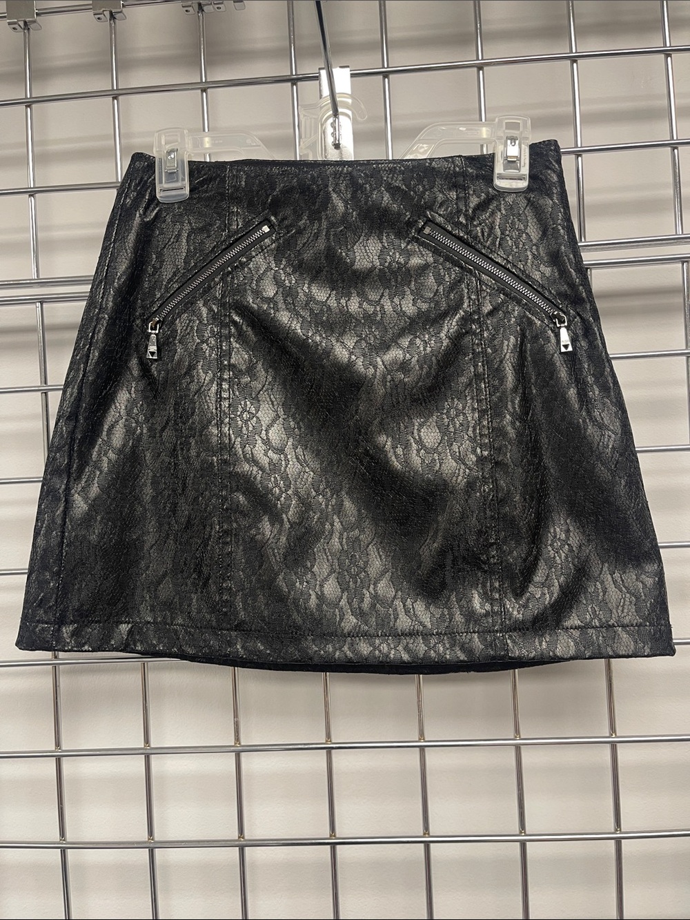 Guess Black Lace-Overlay Mini Skirt with Angled Zip Pockets